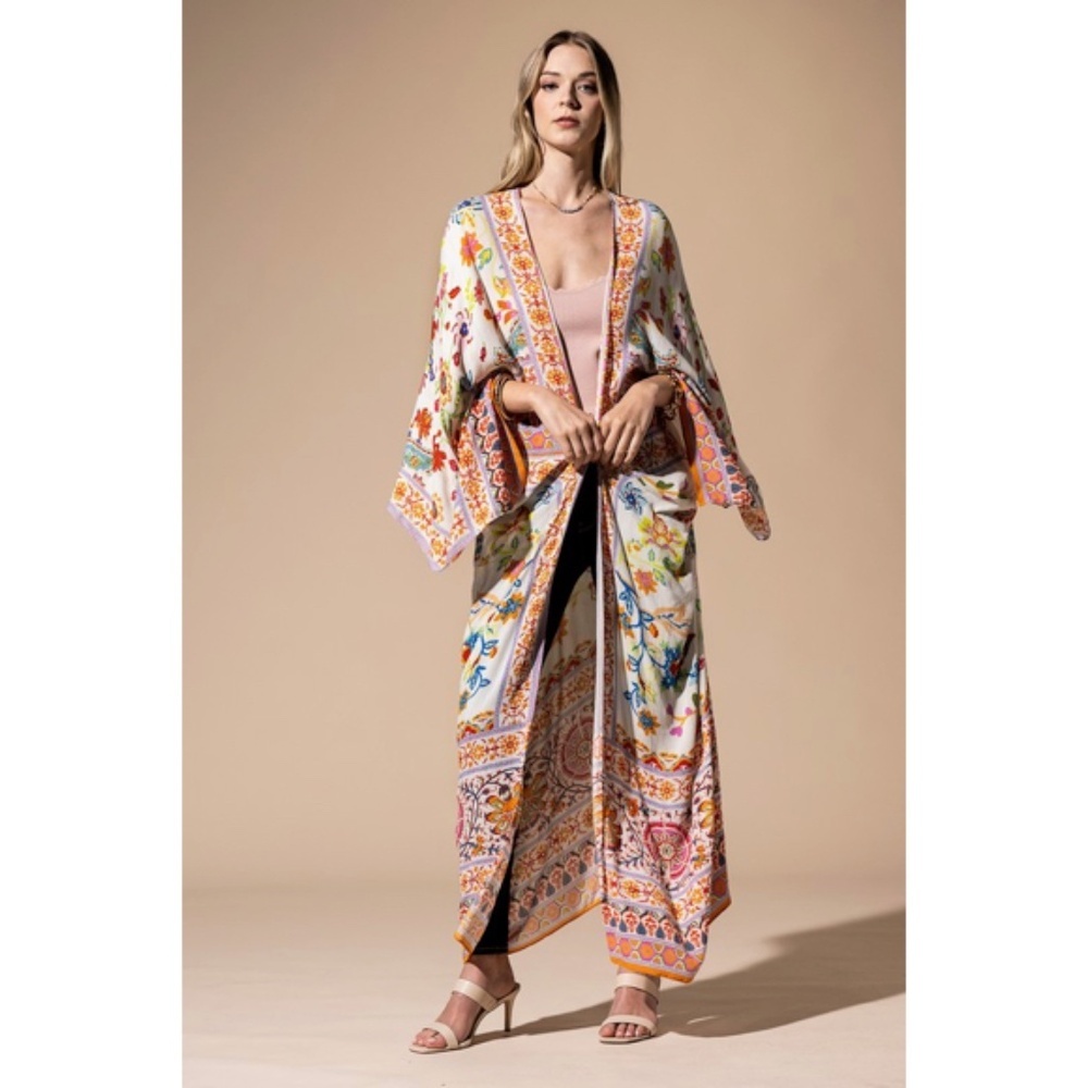 SOLD OUT Colorful Vibrant Delphi Floral Paisley Open Wrap Duster Kimono Top One - Picture 2 of 9